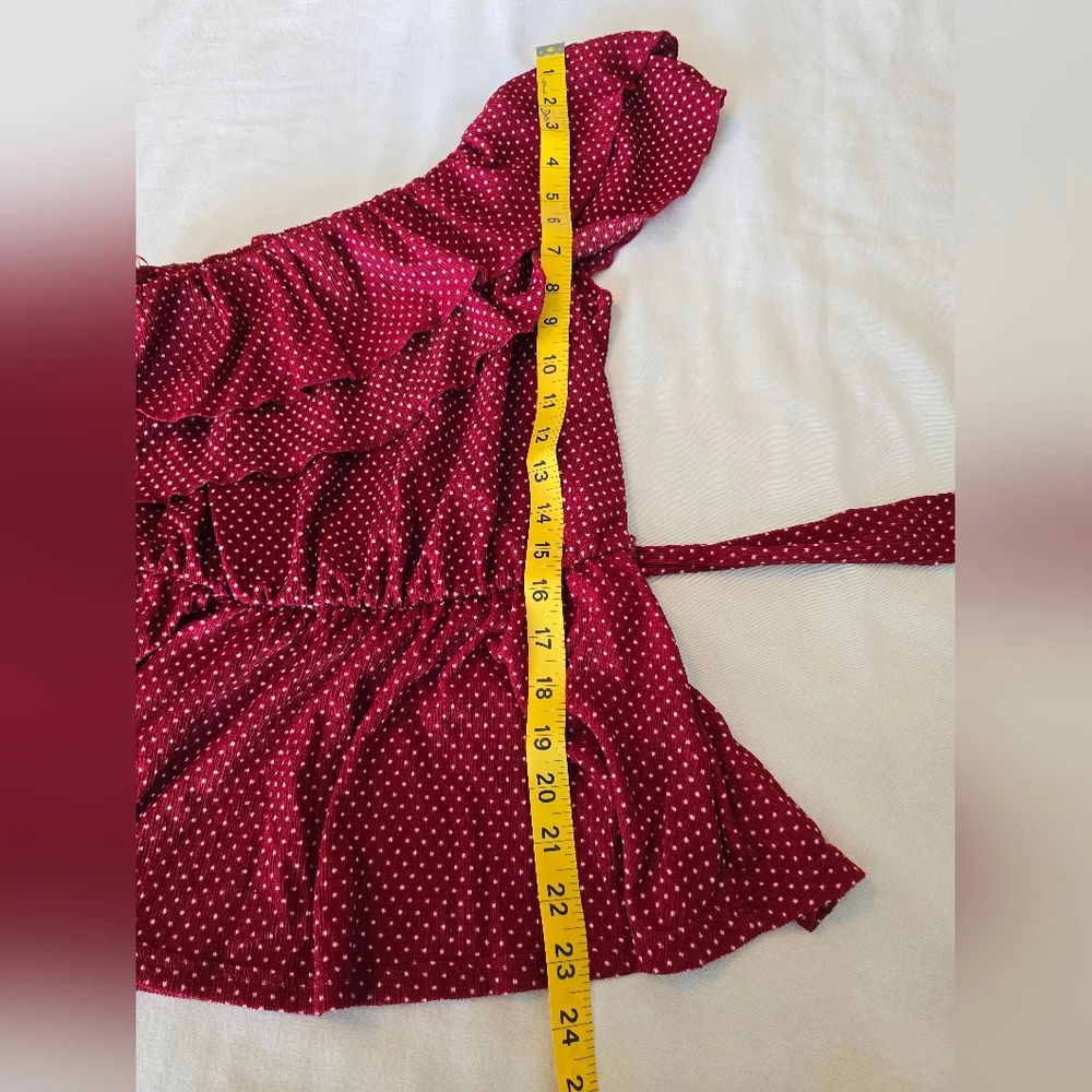 Anthropologie Maeve Rita One Shoulder Ruffle Top Red Polka Dot Tie Waist Small - Picture 9 of 14